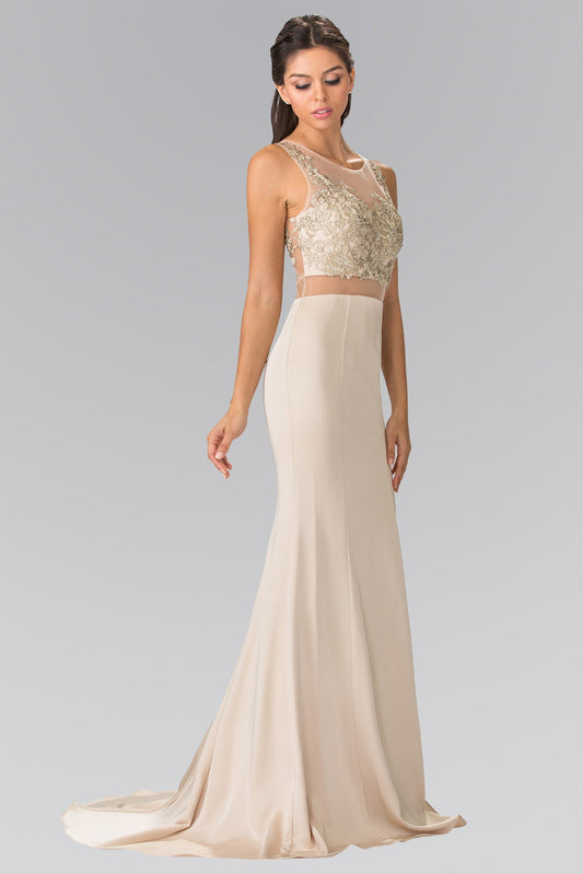 Champagne Dusty Rose Mock Two Piece Embroidered Prom Dress With Illusion Waistline