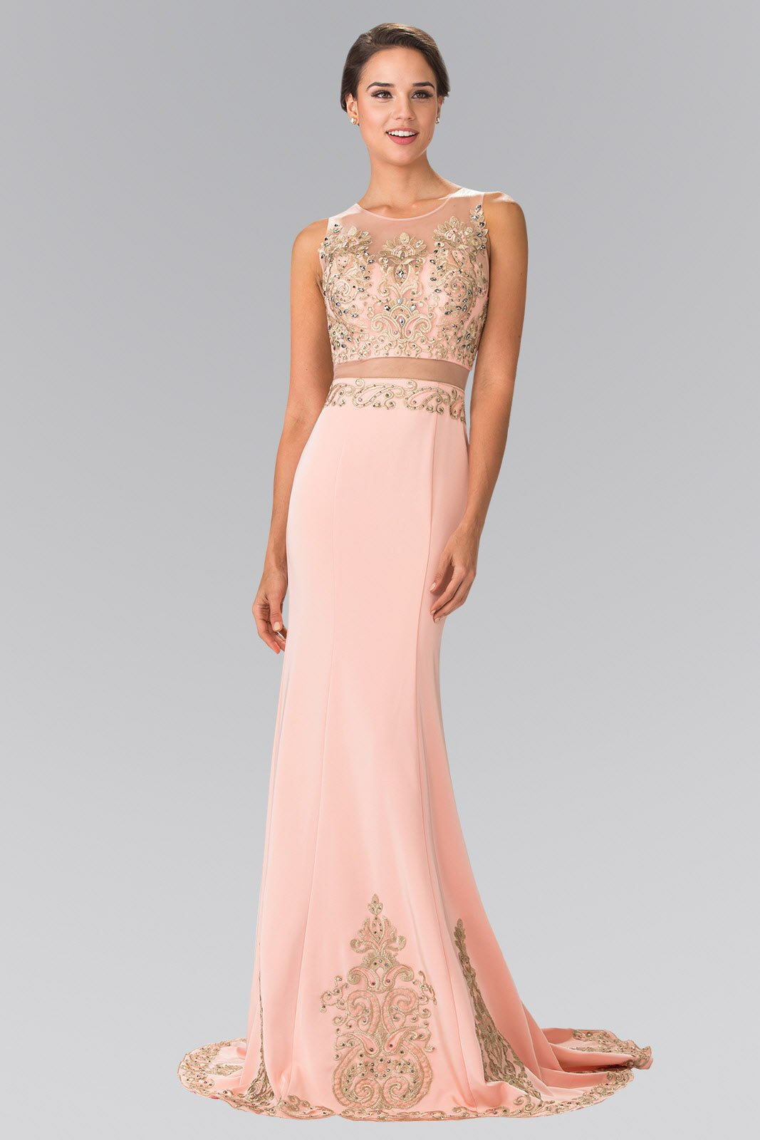 Blue Blush Sleeveless Mock Two Piece Prom Dress With Loyal Embroidery Details