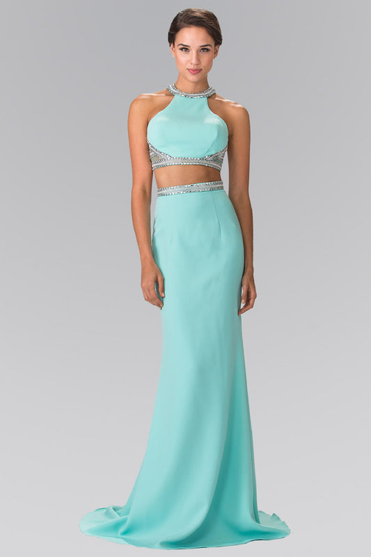 Tiffany High Neck Two Piece Jersey Long Dress Accented With A Beaded Band Waistline