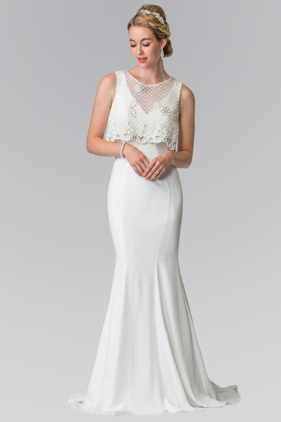 White V Neck Long Dress With Detachable Beaded Lace Top