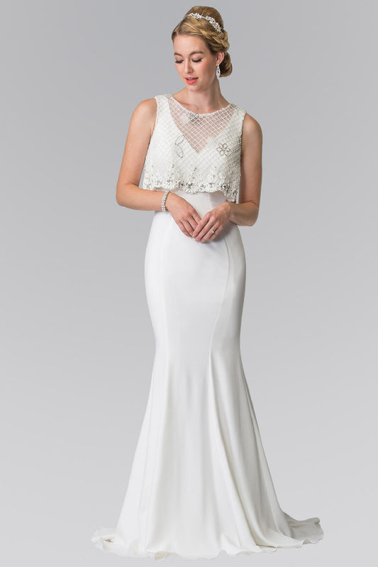 White V Neck Long Dress With Detachable Beaded Lace Top