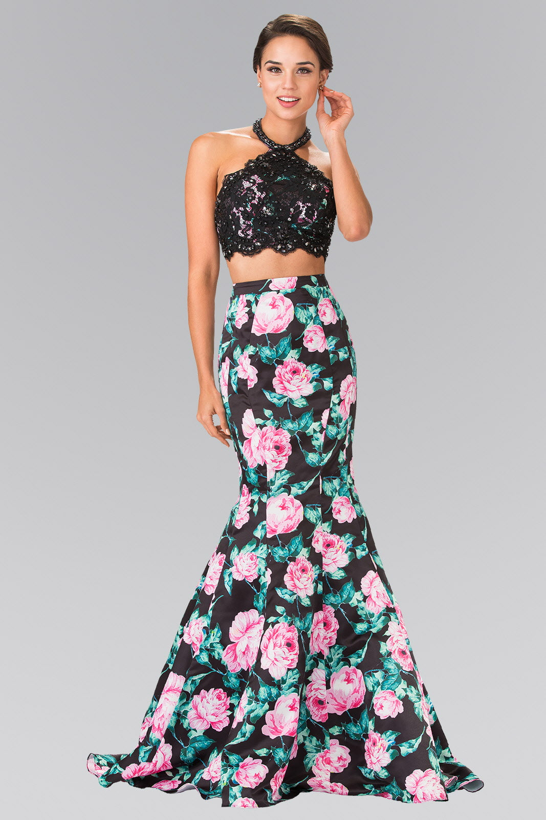 Black White Halter Neck Two Piece Floral Print Long Dress