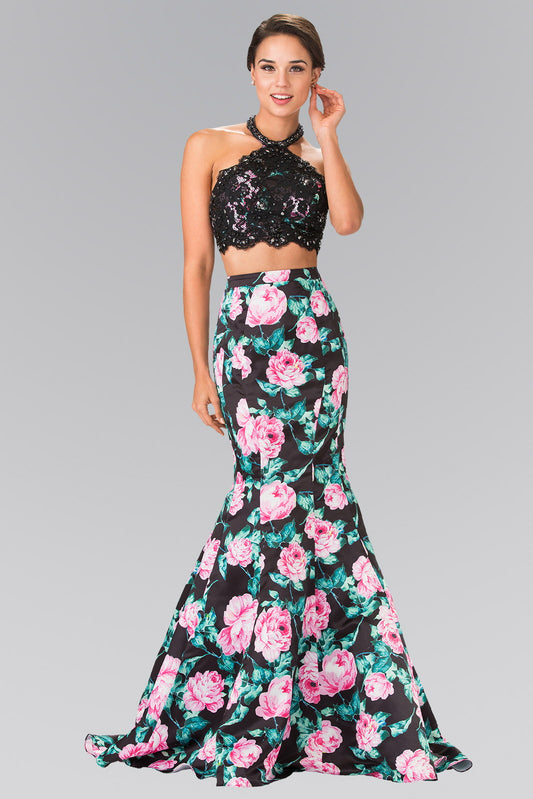 Black White Halter Neck Two Piece Floral Print Long Dress