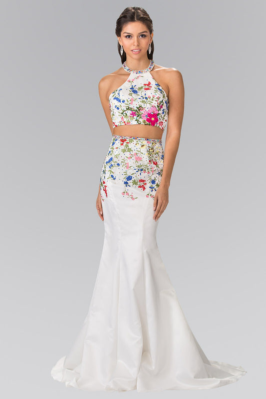 Black White Two Piece Floral Embroidered Satin Prom Dress With Halter Neck And Mermaid Skirt