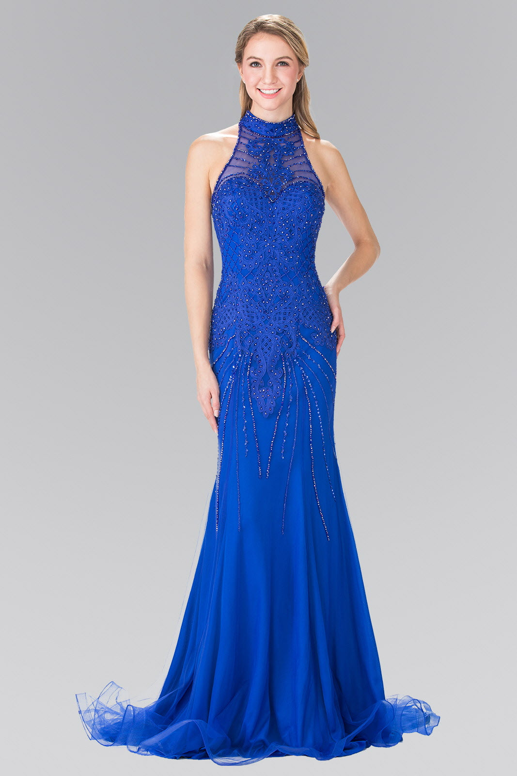 Burgundy Royal Blue Halter Neck Beads Embellished Bodice Tulle Long Dress