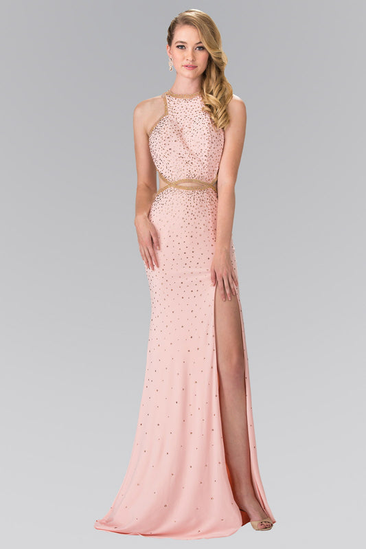 Black Blush Beaded High Neck Long Dress Accented With Slit