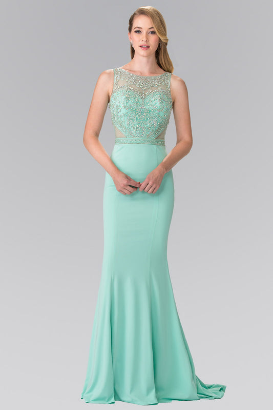 Blush Tiffany Beads Embellished Illusion Sweethearted Jersey Long Dress