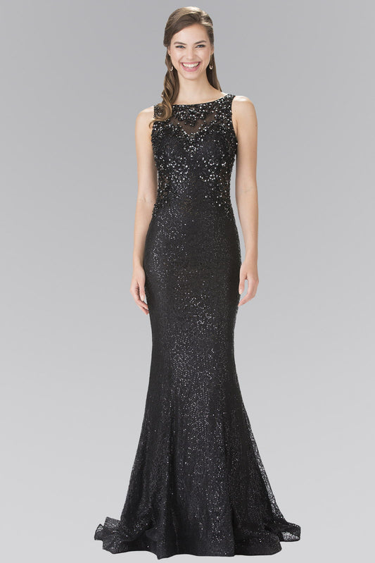 Black Red Flower Sequin Embellished Lace Long Dress With Sheer Back