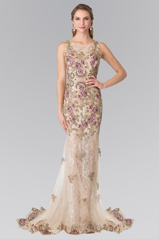 Black Champagne Flower Embroidered Lace Long Dress