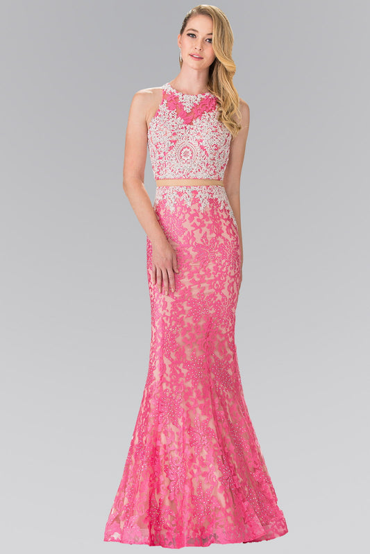 Black Pink Mock Two Piece High Neck Lace Long Dress