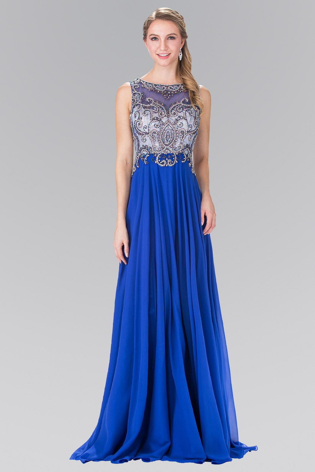Royal Blue Eggplant Beaded Top Chiffon Long Dress With Open Back