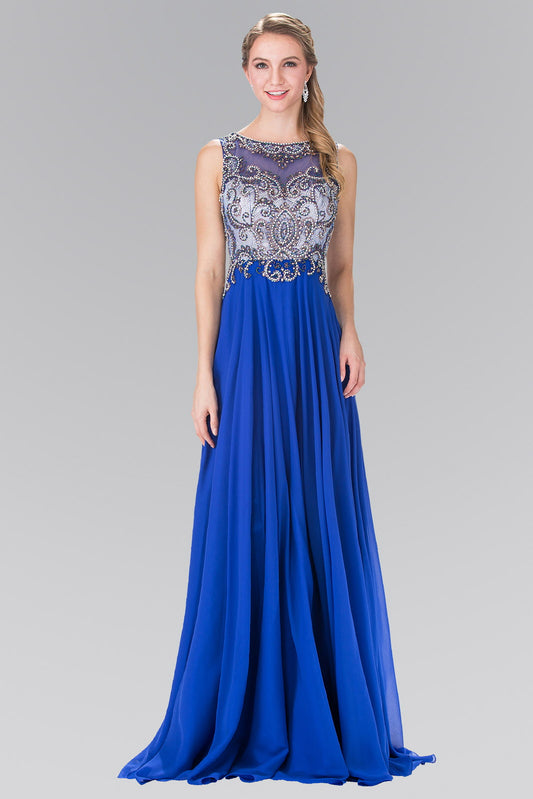 Royal Blue Eggplant Beaded Top Chiffon Long Dress With Open Back