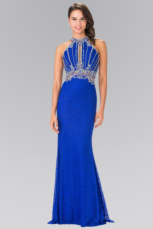 Burgundy Royal Blue Halter Neck Lace Long Dress With Illusion Waistline