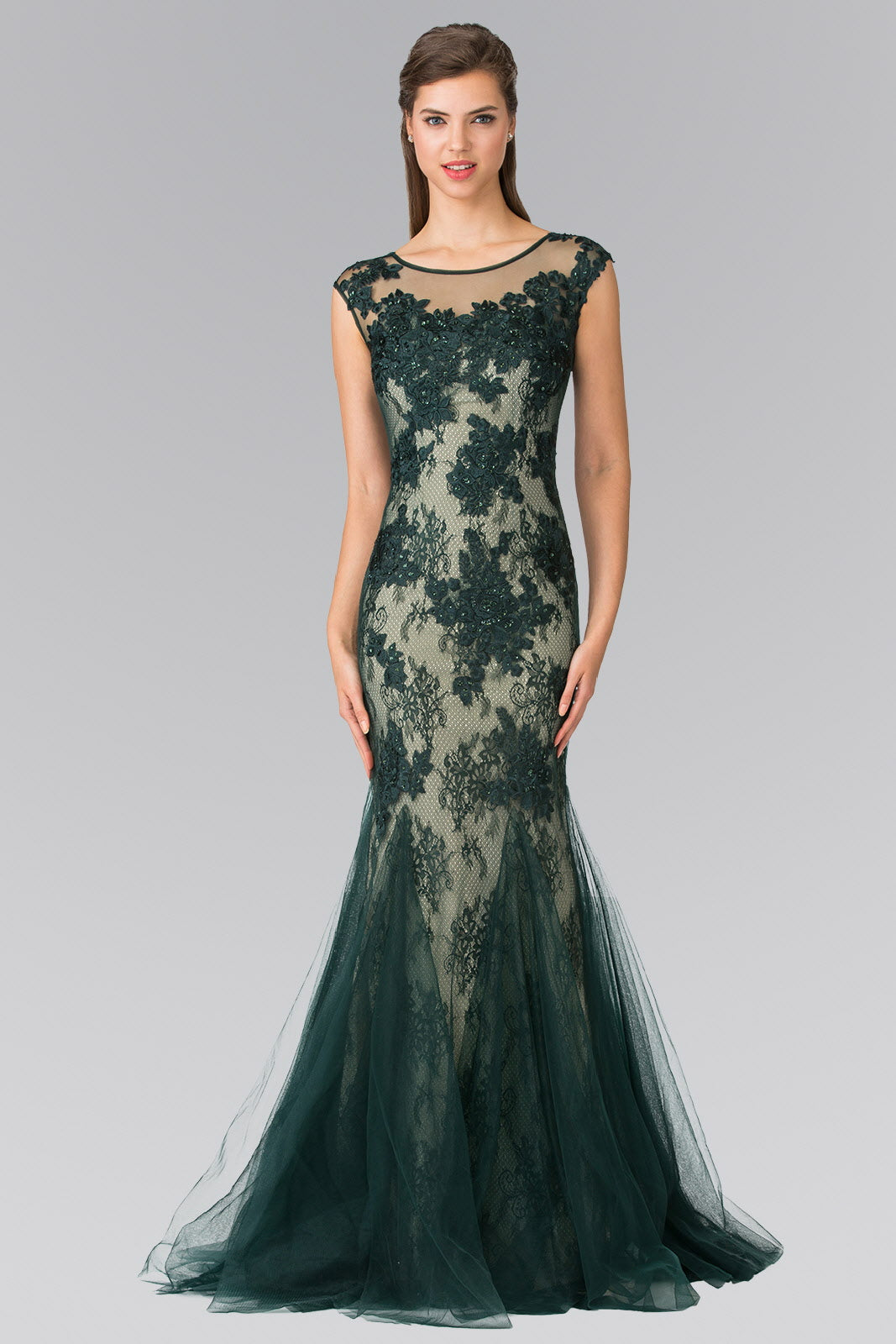 Burgundy Champagne Green Navy Sleeveless Lace Long Dress With Tulle Skirt