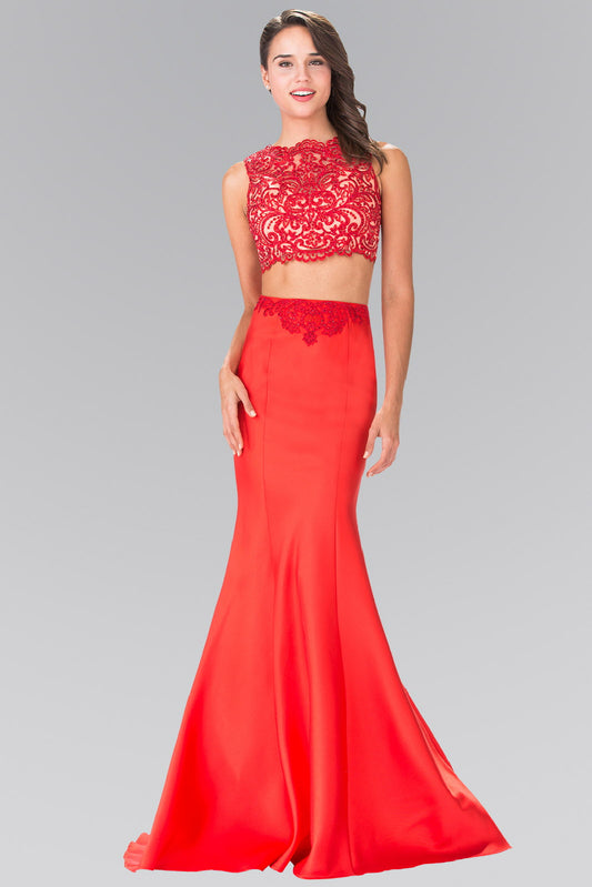Red Royal Blue Two Piece Prom Dress With Lace Top And Satin Skirt