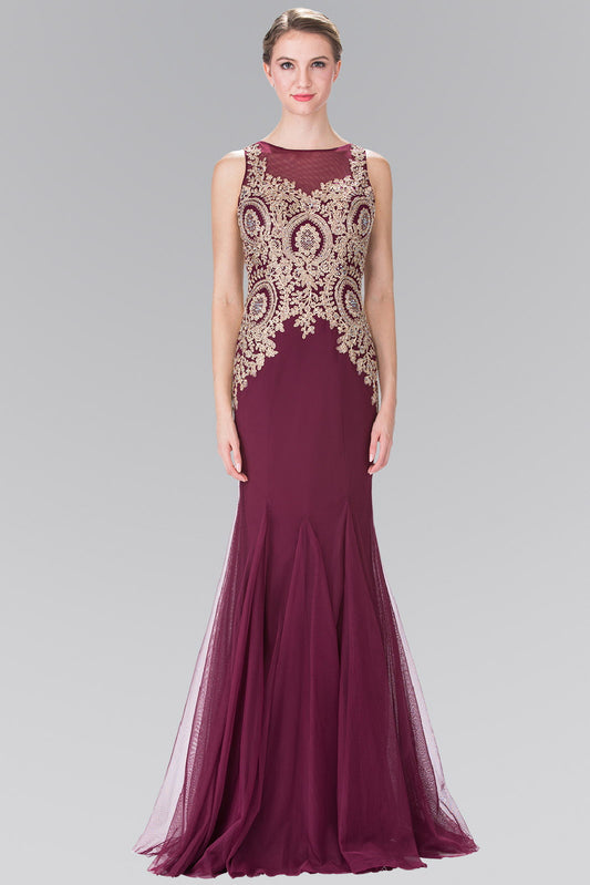 Black Burgundy Royal Blue Embroidered Bodice Long Dress With Sheer Back
