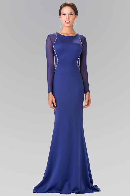 Black Red Royal Blue Sheer Long Sleeve Jersey Long Dress Accented With Beaded Details