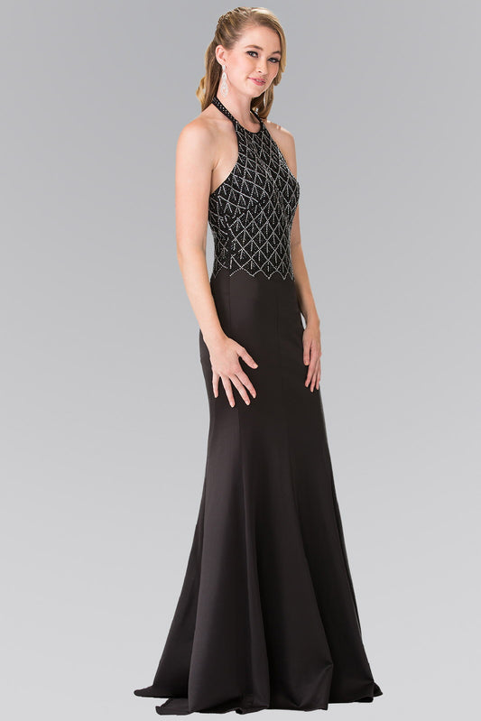 Black Blush Halter Neck Beads Embellished Bodice Long Dress