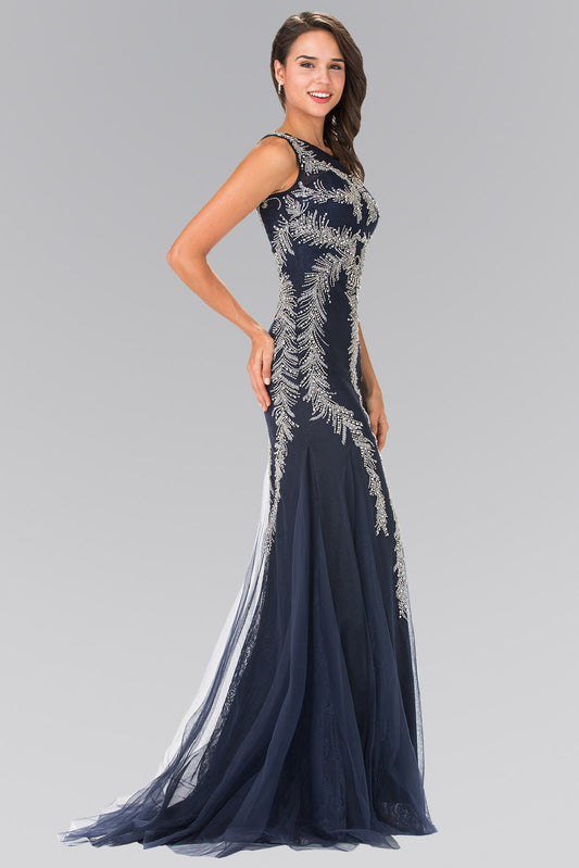 Champagne Navy Beaded Lace Mermaid Skirt Dress