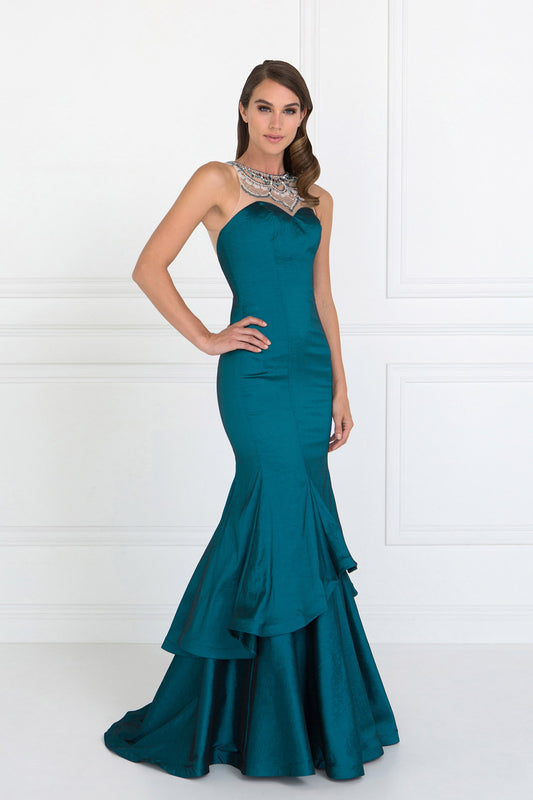 Burgundy Teal Gorgeous Long Jewel Accented Taffeta Long Dress With Two Tier Skirt