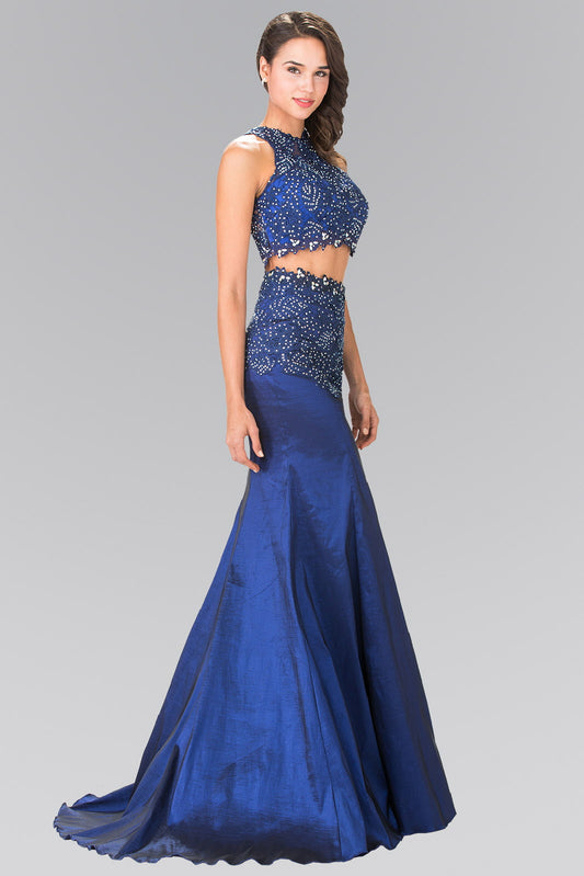 Red Royal Blue Two Piece Taffeta Long Dress With Lace And Jewels
