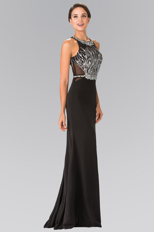 Black Champagne Red Beads Embellished Long Dress With Sheer Sides