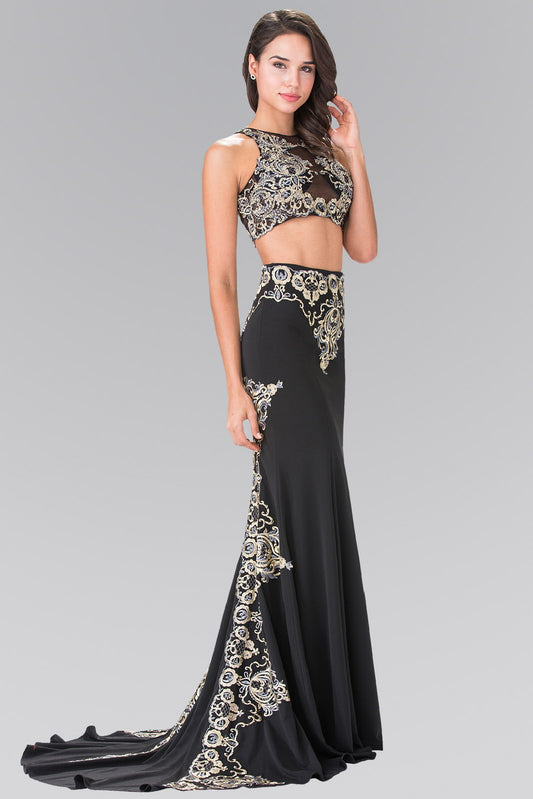 Black Burgundy Red Two Piece Embroidery Jersey Long Dress With Tail