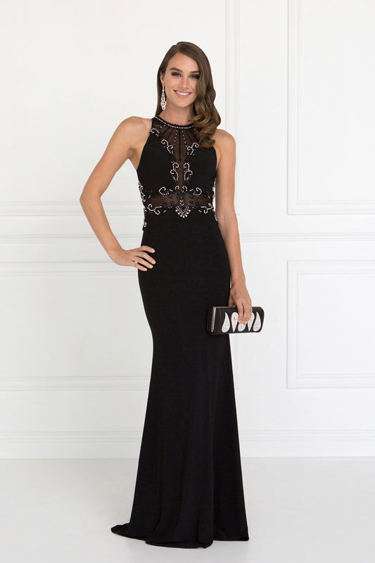 Black Red Beads Embellished Jersey Long Dress With Sheer Back