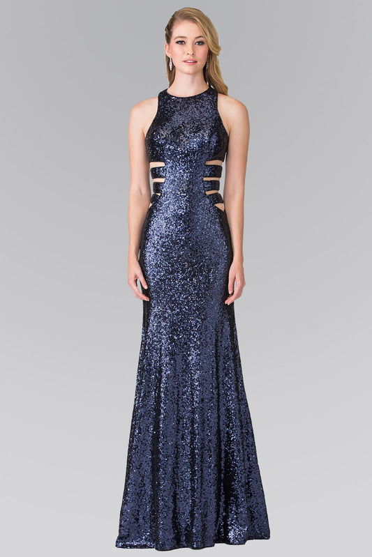 Burgundy Navy Sleeveless Sequin Long Dress With Side Cut Out