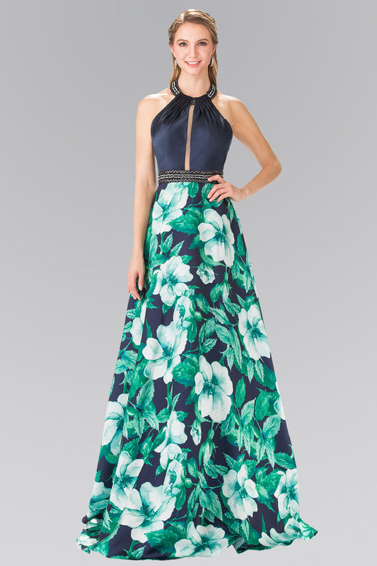 Green Navy Pink Black Flower Print Halter Neck Mikado Long Dress