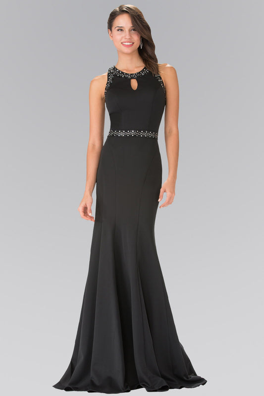 Royal Blue Black Beads Embellished Bodice Long Dress With Sheer Back