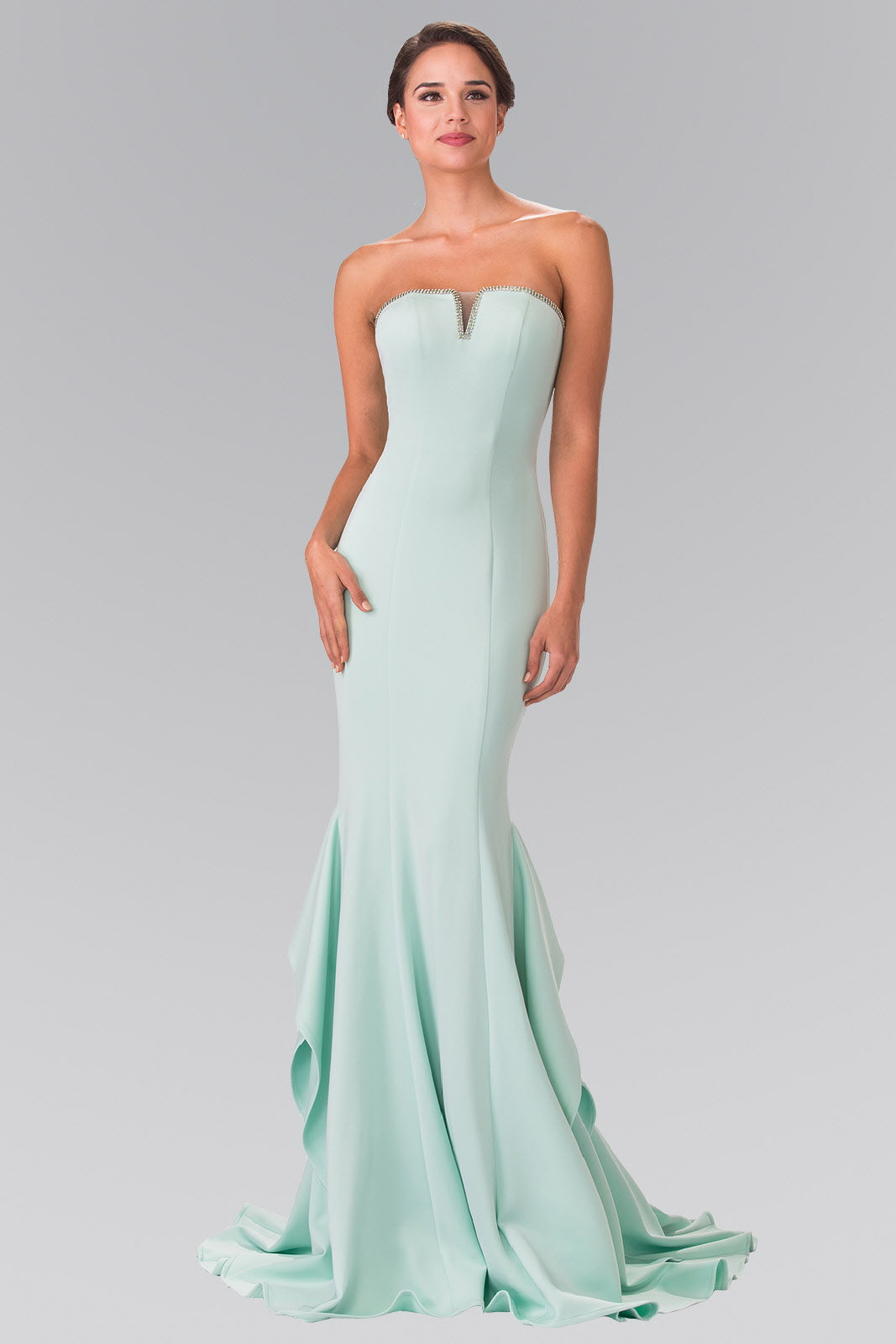 Blush Tiffany Strapless Long Dress With Beading Along The Top Of The Bodice