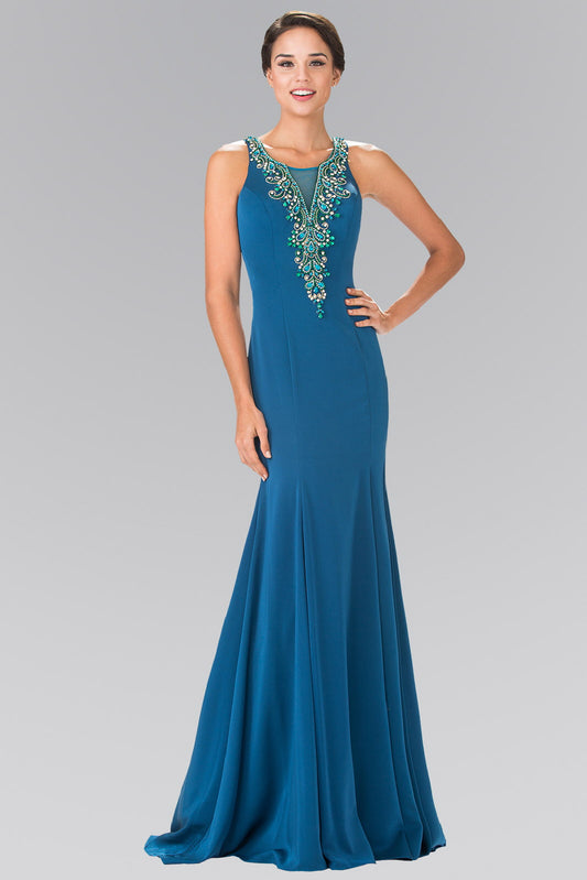 Black Teal Illusion V Neck Beaded Top Long Dress With Sheer Back