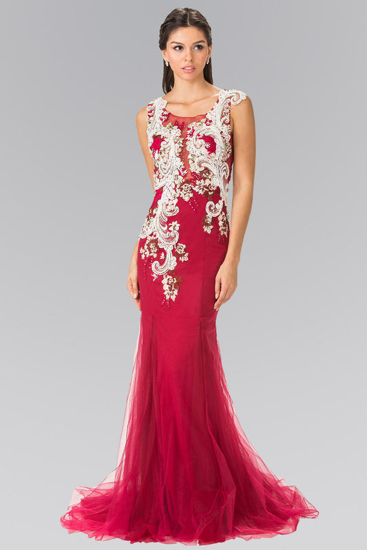 Aqua Burgundy Embroidery Jersey Mermaid Long Dress With Sheer Back