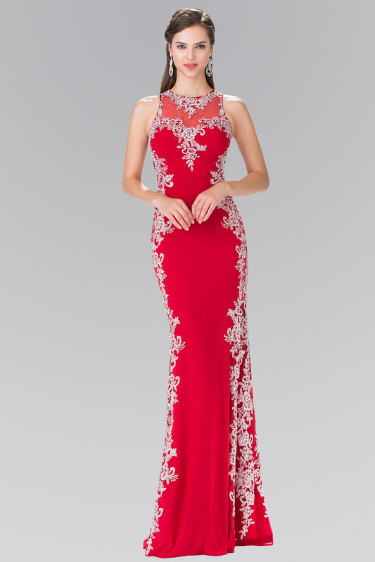 Red Black Burgundy Embroidered Jersey Long Dress With Open Back