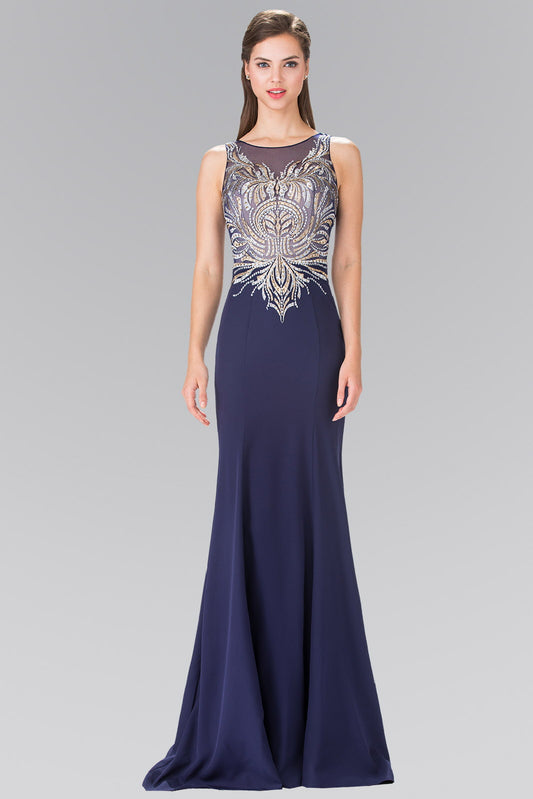 Green Navy Burgundy Embroidered Jersey Long Dress With Beading Details
