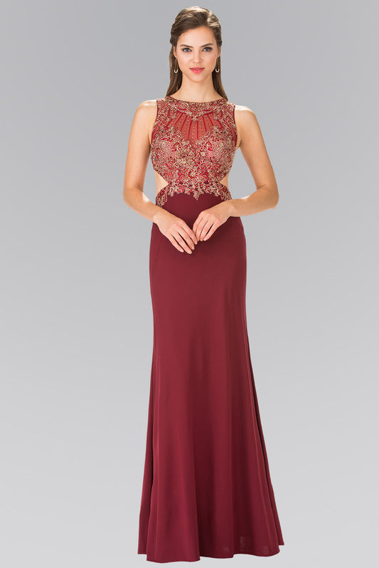 Burgundy Green Embroidery Sheer Top Jersey Long Dress With Cut Out Side And Back