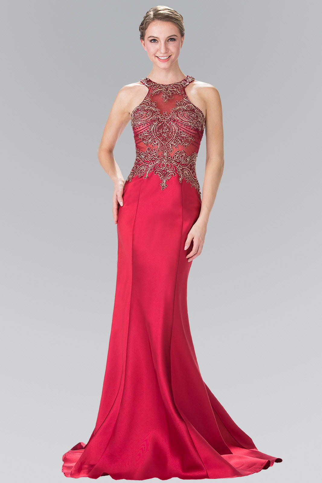 Green Burgundy Beads And Embroidery Embellished Sheer Bodice Jersey Long Dress