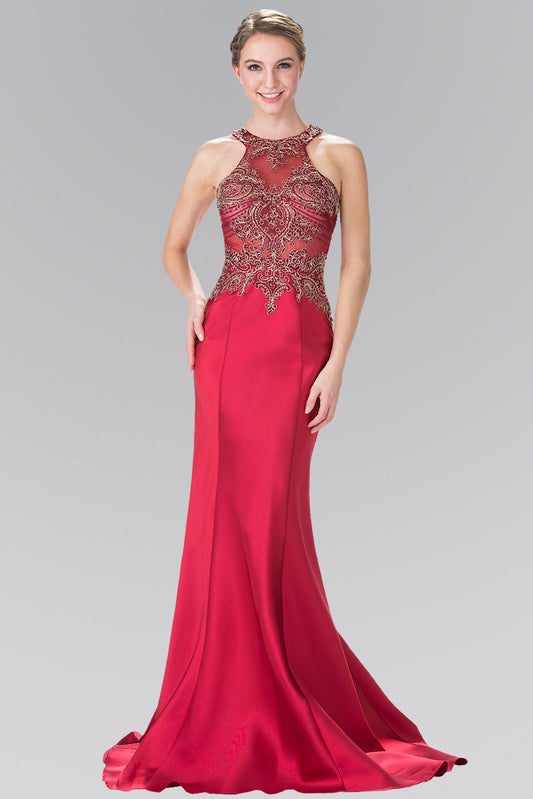 Green Burgundy Beads And Embroidery Embellished Sheer Bodice Jersey Long Dress