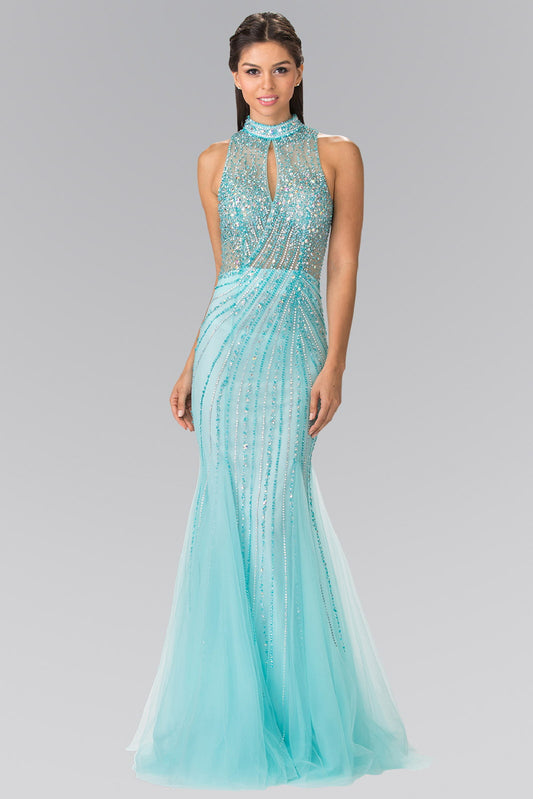 Blush Tiffany Full Beaded Halter Neck Illusion Top Dress With Open Back