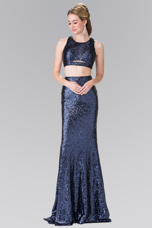 Navy Rose Gold Black Purple Mock Two Piece Sequin Long Dress Accented With Side Cuts