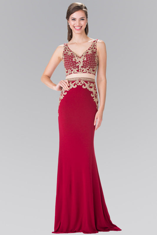 Black Burgundy Green Mock Two Piece Embroidered Jersey Long Dress