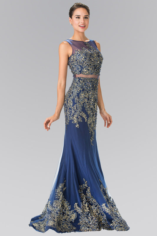 Navy Burgundy Mock Two Piece Embroidered Jersey Long Dress