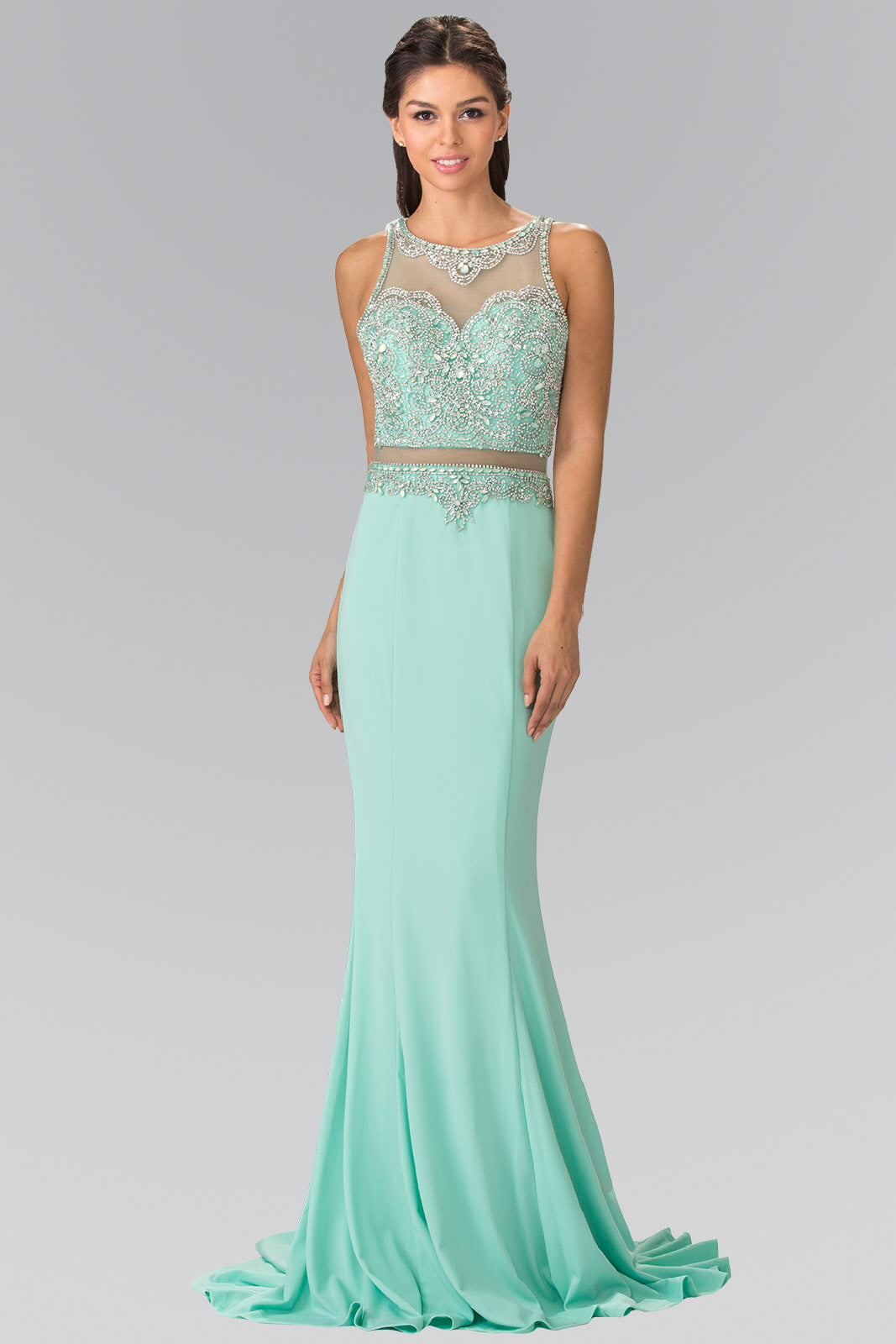 Peach Tiffany Champagne Mock Two Piece Long Dress With Beaded Top