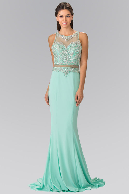 Peach Tiffany Champagne Mock Two Piece Long Dress With Beaded Top
