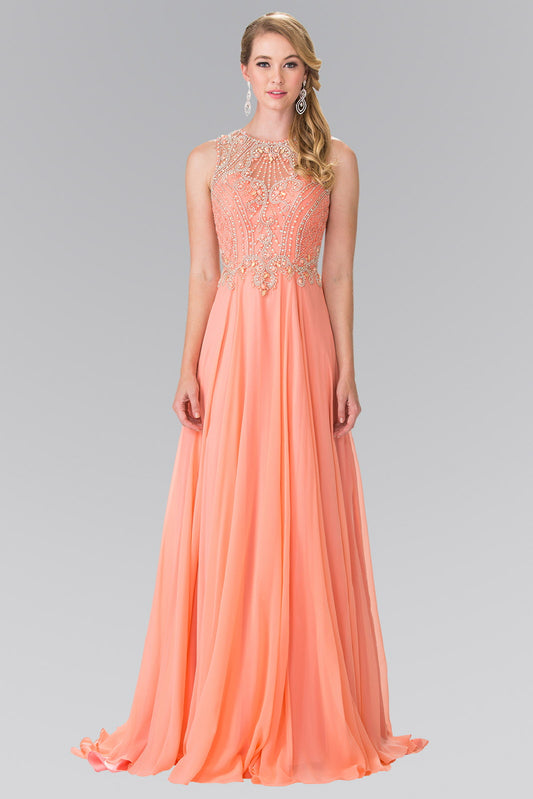 Coral Mint Beads Embellished Chiffon Long Dress With Cut Out Back