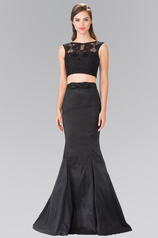 Navy Red Black Two Piece Taffeta Long Dress Accented With Ribbon Waist And Lace Top