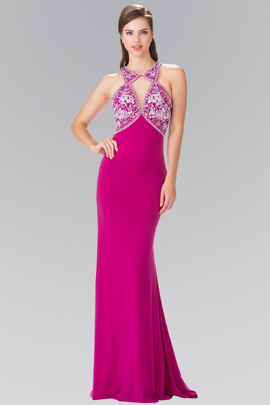 Navy Magenta Beads Embellished Jersey Long Dress With Cut Out Front And Back