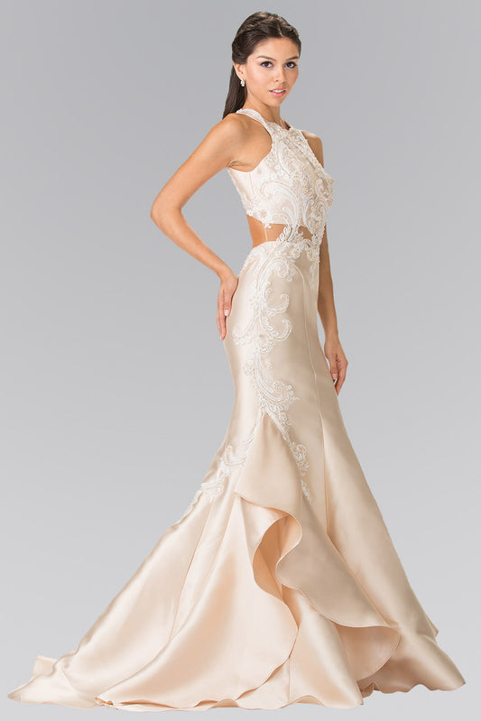Champagne Blush Embroidery And Layered Ruffled Skirt Long Dress