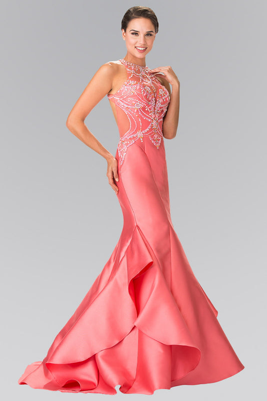Royal Blue Coral Beads Embellished Mermaid Long Dress With Cut Out Back
